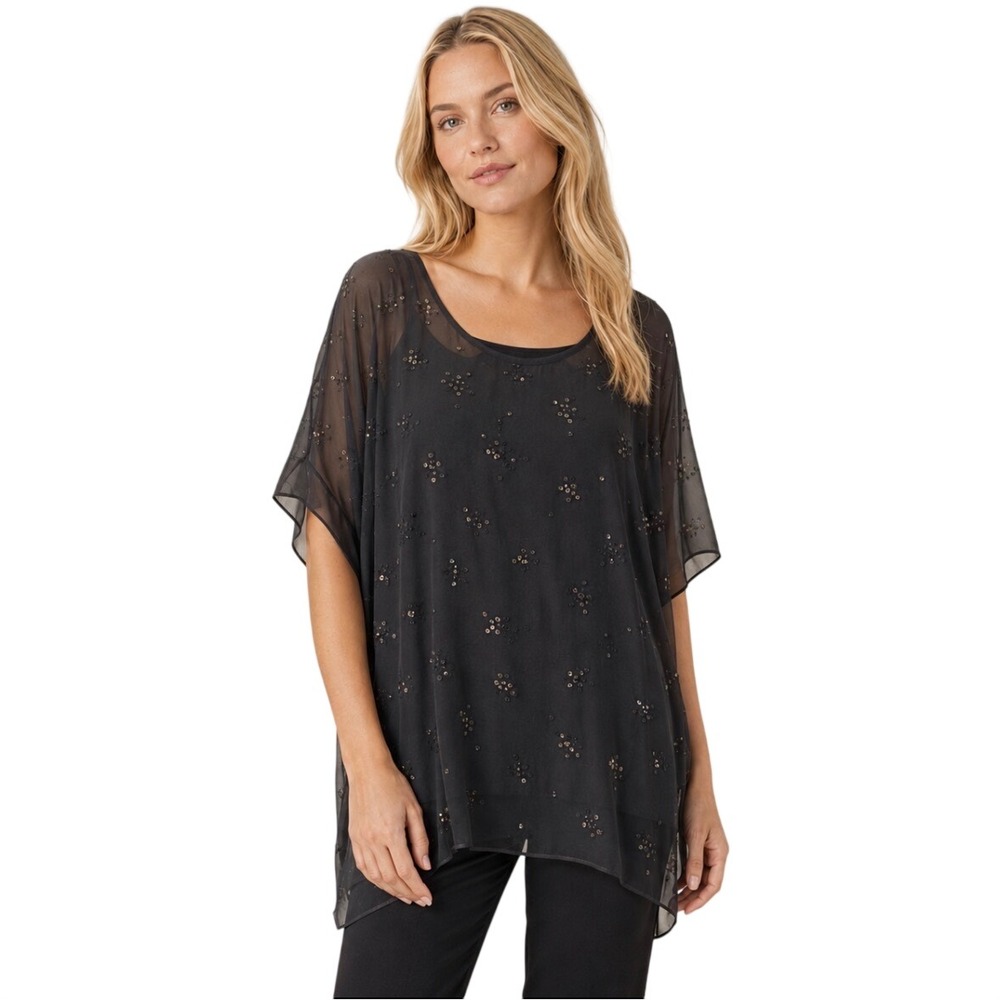 Eileen Fisher Black Silk Sequin Poncho Blouse Top Large L